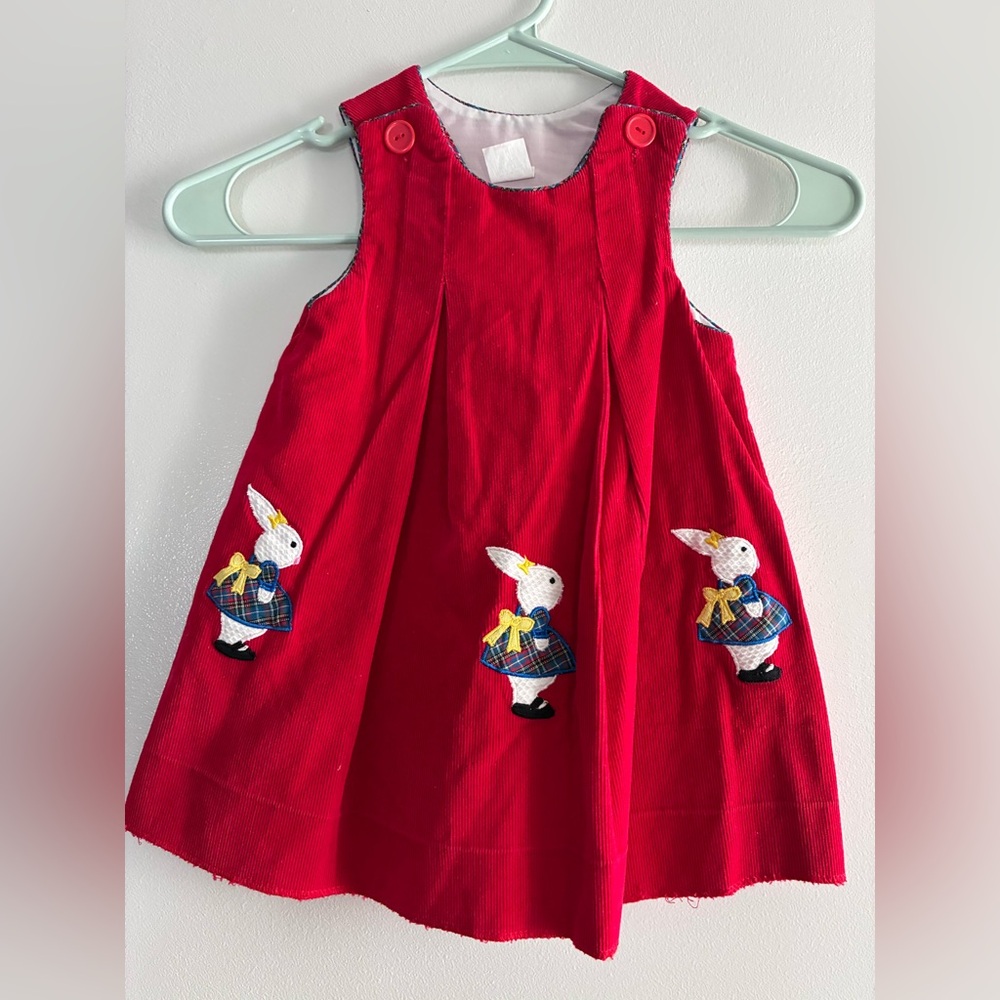 Vintage 2t Red Corduroy Dress with Bunny Appliques